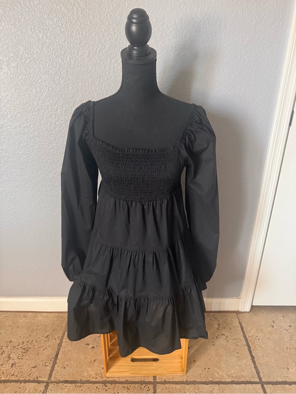 Steve Madden Black Smocked Tiered Long Sleeve Dress